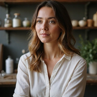 Portrait of Ms. Clara Thorne, Herbanelle's Product Formulator, with a creative and thoughtful expression.