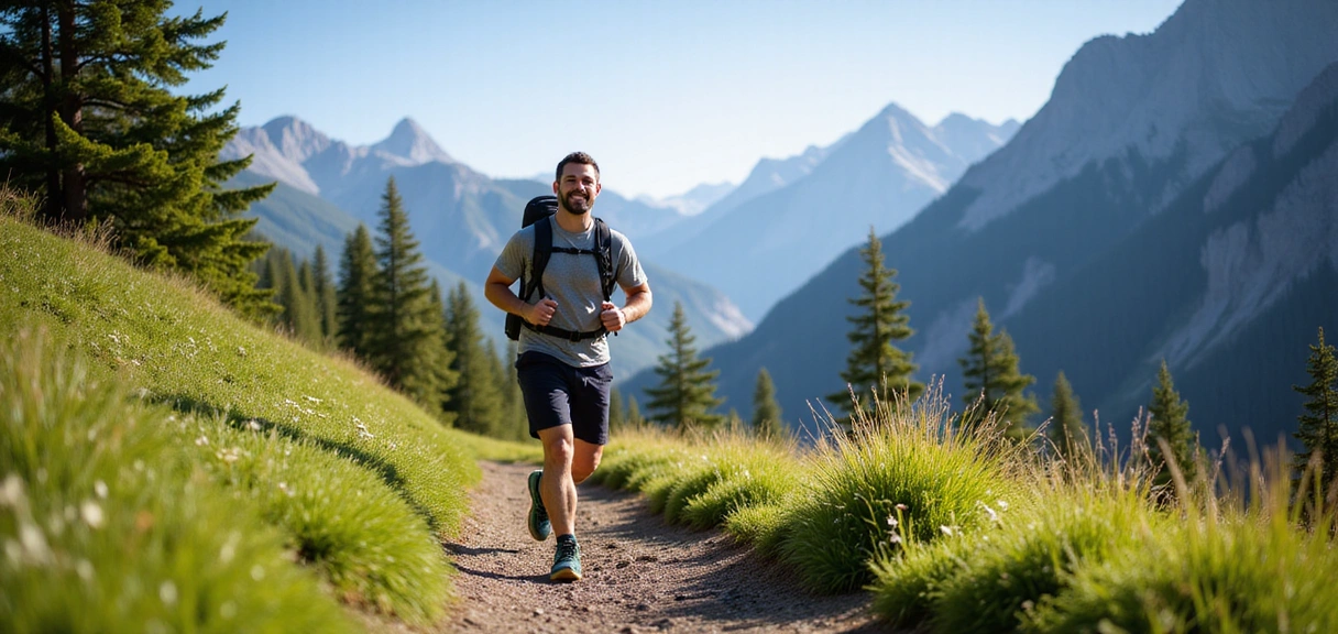 A man hiking in a lush green mountain landscape, looking strong and energetic, symbolizing men's wellness and natural health.