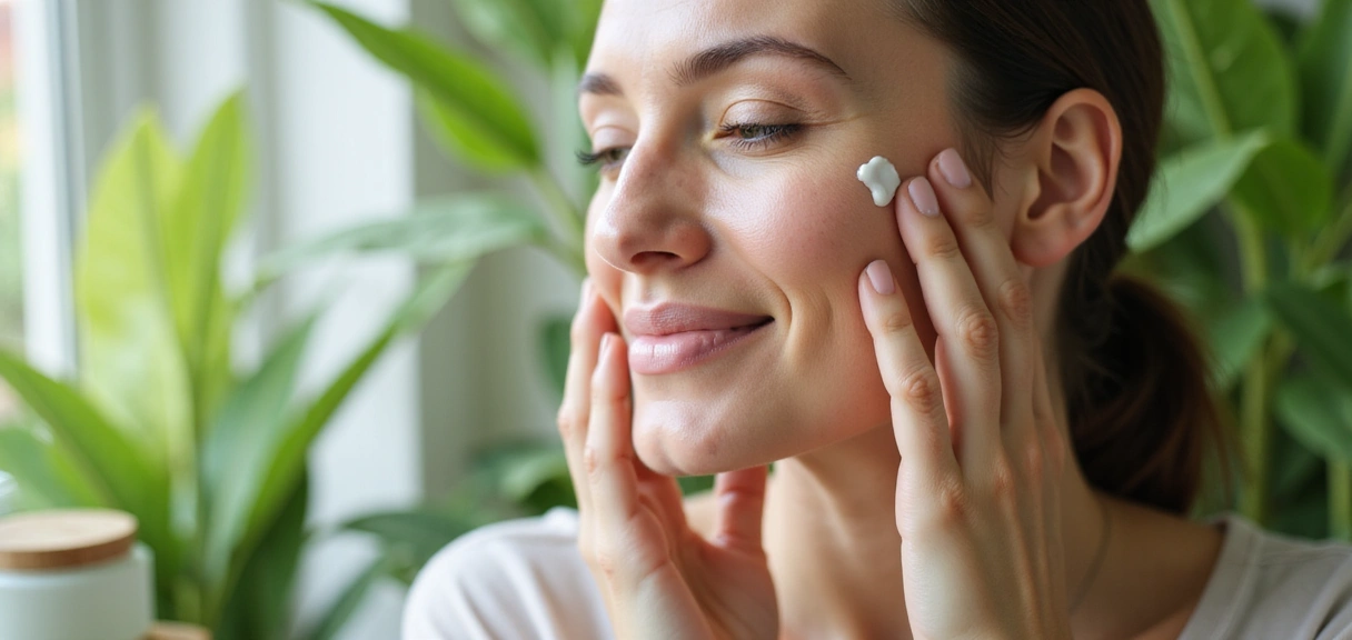 A woman applying a natural face cream, with a background of lush green botanicals and soft light.